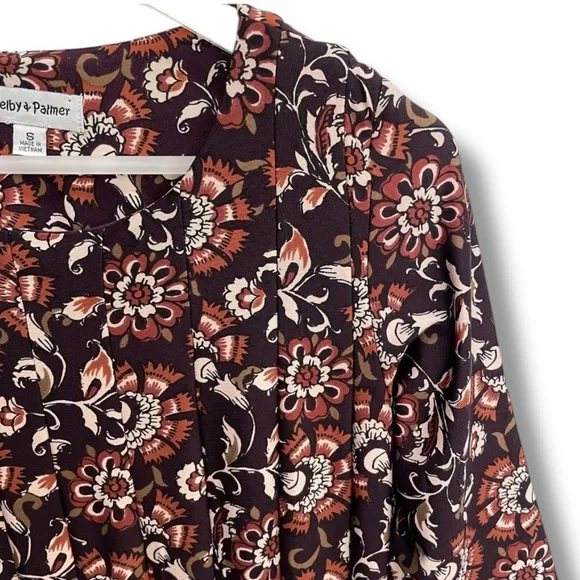 Shelby & Palmer Burgundy Floral Fit & Flare Midi Dress 3/4 Sleeve Women’s Small - Picture 6 of 9